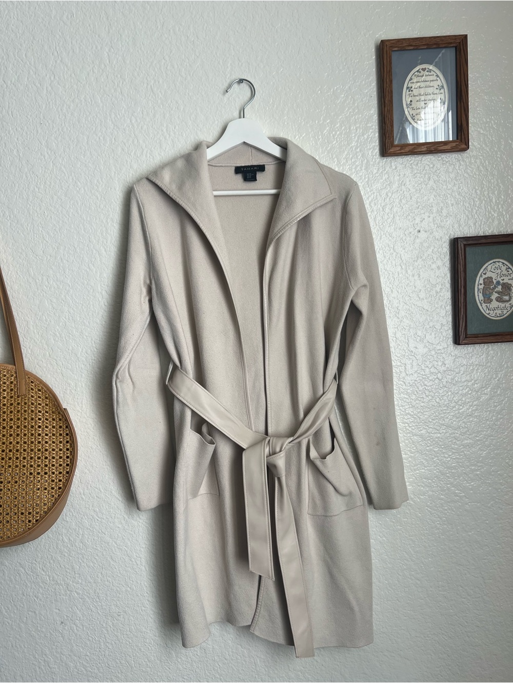 Tahari Cream Hooded Belted Trench Coat